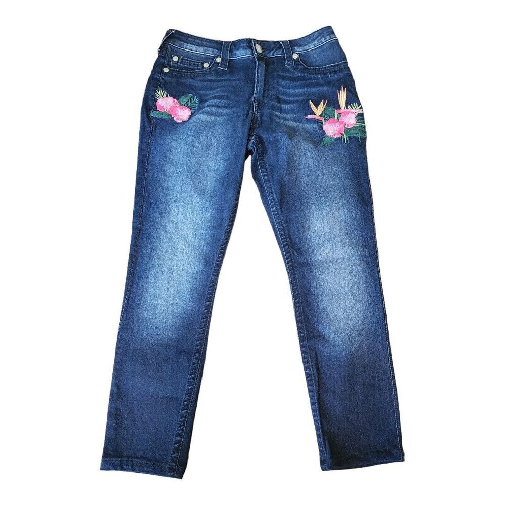 True Religion Women Embroidered Tropical Floral Skinny Jeans‎ Size 31 Blue Denim